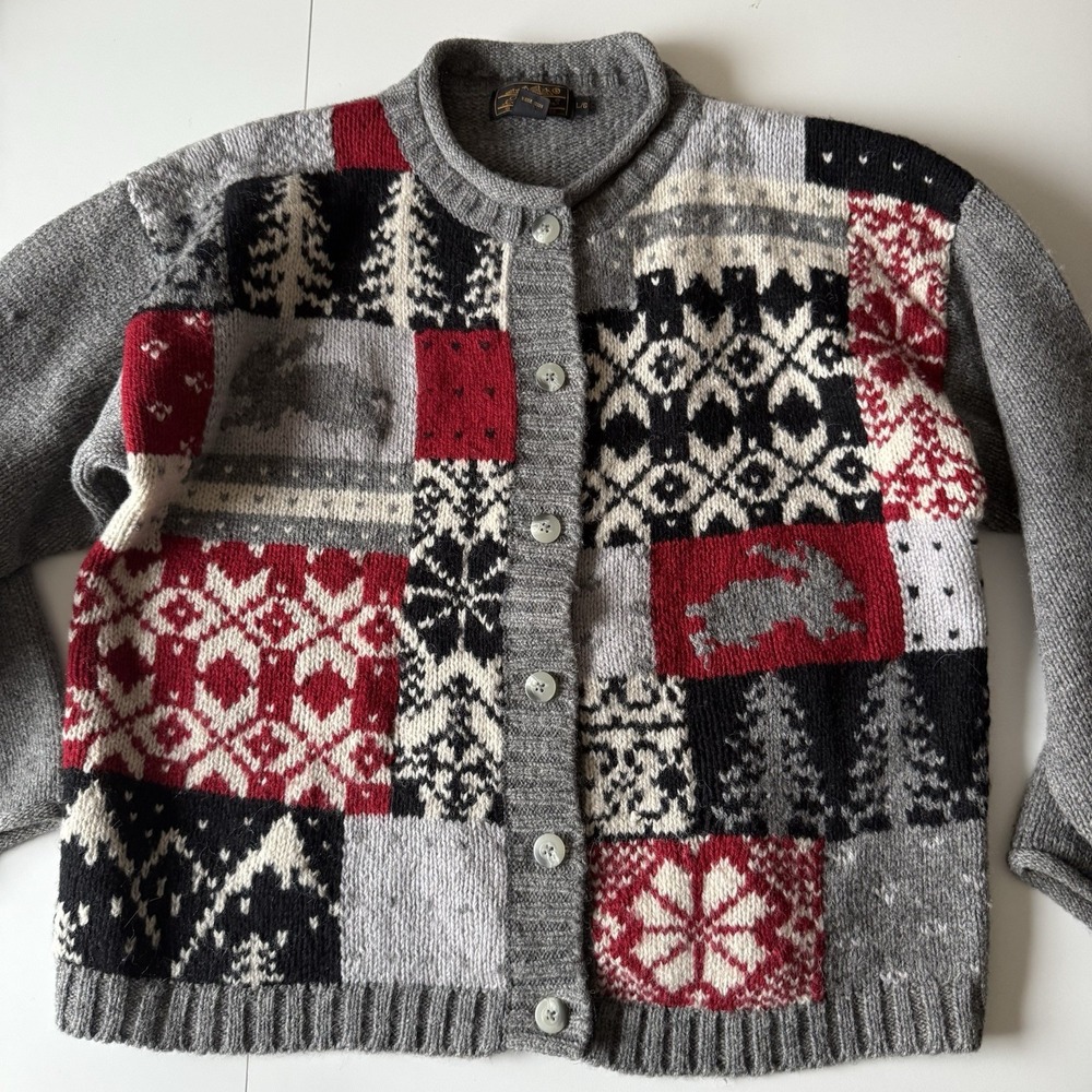 Vintage Eddie Bauer Sweater Womens Large Gray Wool Cardigan Fair Isle Rabbit 90s